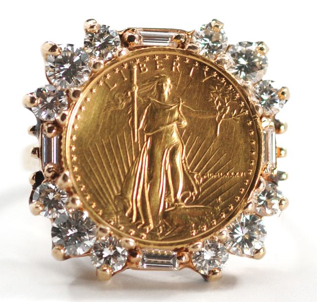 Lot 1 A 14 kt. Yellow Gold and $5 American Eagle Gold Coin Ring; Estimate $1,200-1,500